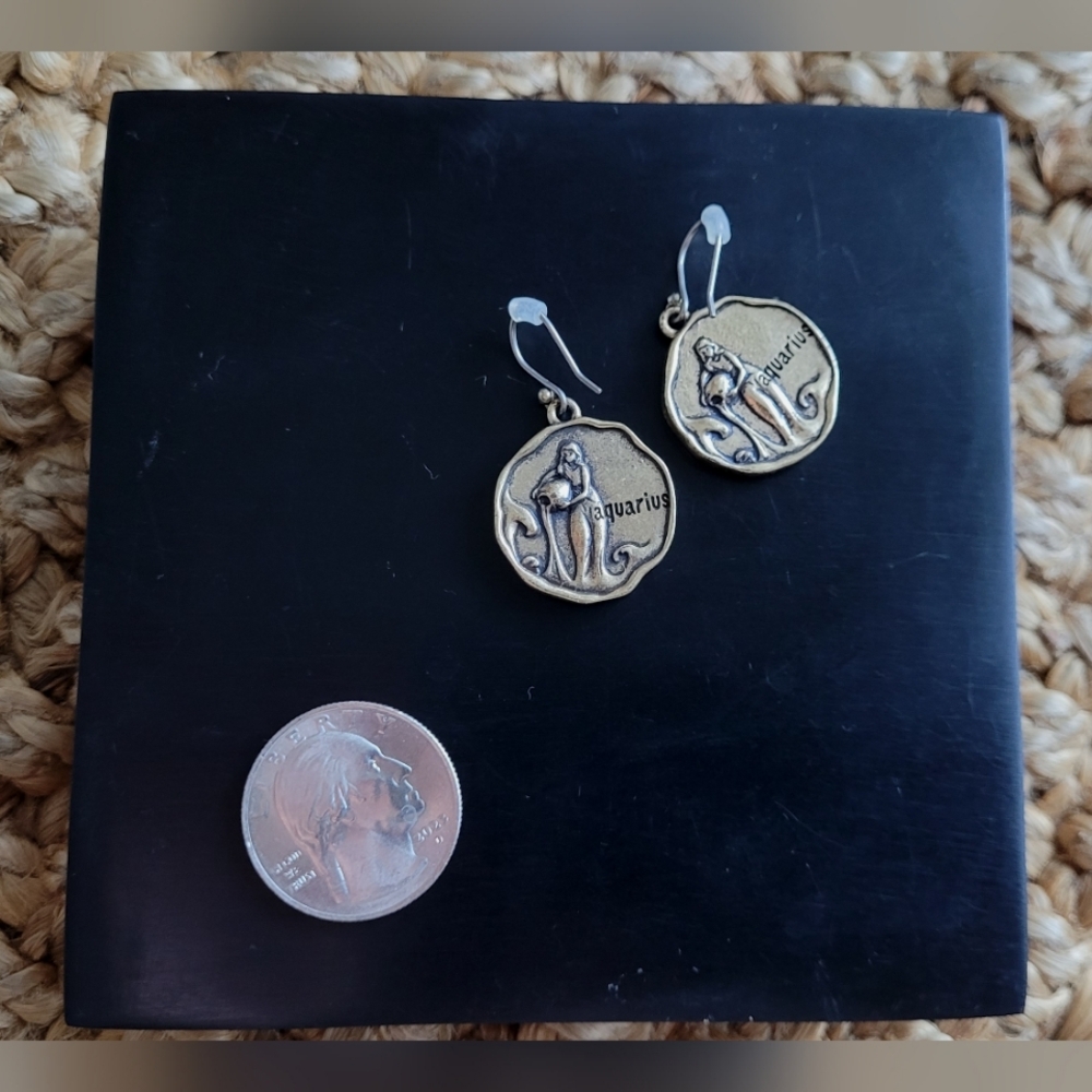 Aquarius Water Sign Brassy Dangle Earrings